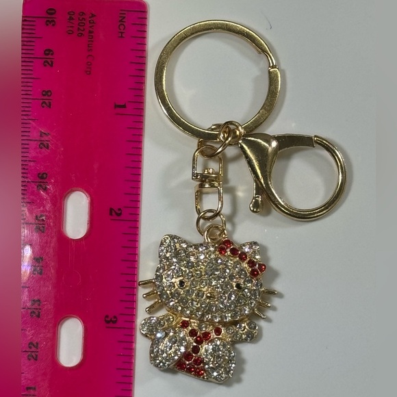 BAG CHARM Hello Kitty Gold Tone Pink Crystal Hair Bow Bag Charm Keychain - Picture 4 of 7